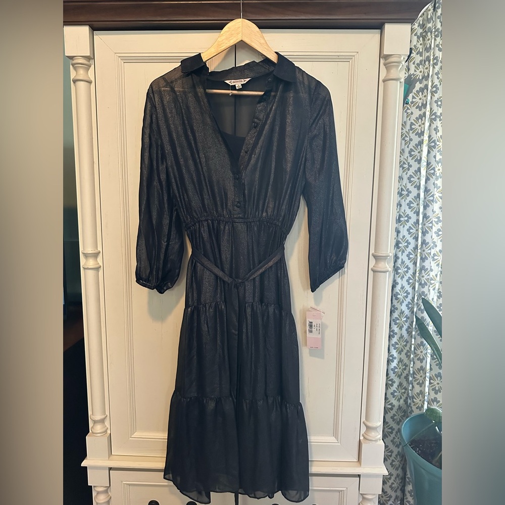 NWT Nanette Lepore Black Shimmer Tiered Midi Dress Sz 8